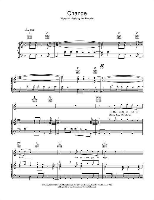 Learn to play The Lightning Seeds Change sheet music for Piano, Vocal & Guitar (Right-Hand Melody) in minutes. The Lightning Seeds Change sheet music notes and chords. Download Printable PDF.