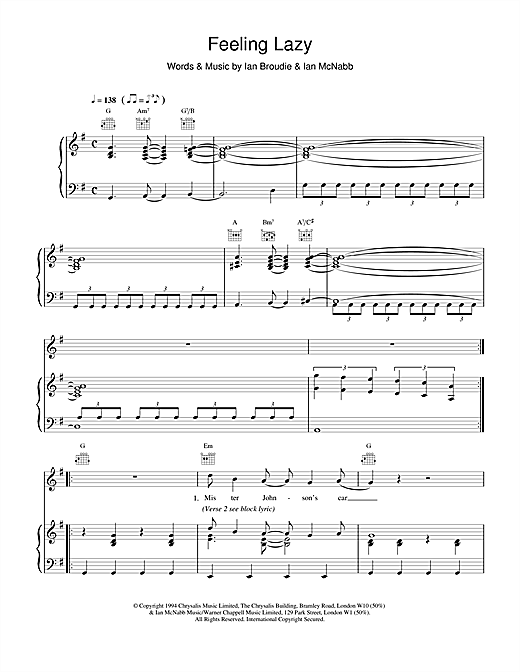 Learn to play The Lightning Seeds Feeling Lazy sheet music for Piano, Vocal & Guitar (Right-Hand Melody) in minutes. The Lightning Seeds Feeling Lazy sheet music notes and chords. Download Printable PDF.
