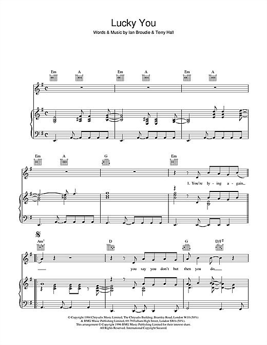 Learn to play The Lightning Seeds Lucky You sheet music for Piano, Vocal & Guitar (Right-Hand Melody) in minutes. The Lightning Seeds Lucky You sheet music notes and chords. Download Printable PDF.