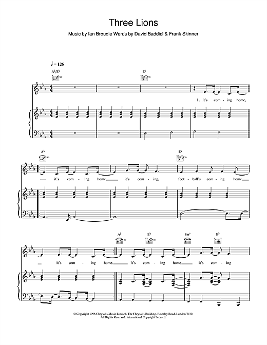 Learn to play The Lightning Seeds Three Lions sheet music for Piano, Vocal & Guitar (Right-Hand Melody) in minutes. The Lightning Seeds Three Lions sheet music notes and chords. Download Printable PDF.