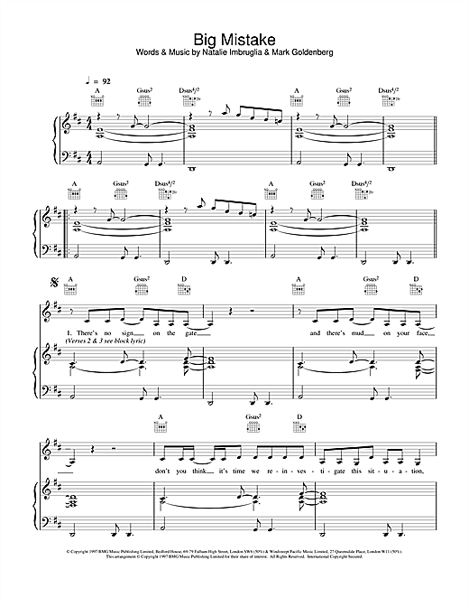 Learn to play Natalie Imbruglia Big Mistake sheet music for Piano, Vocal & Guitar in minutes. Natalie Imbruglia Big Mistake sheet music notes and chords. Download Printable PDF.