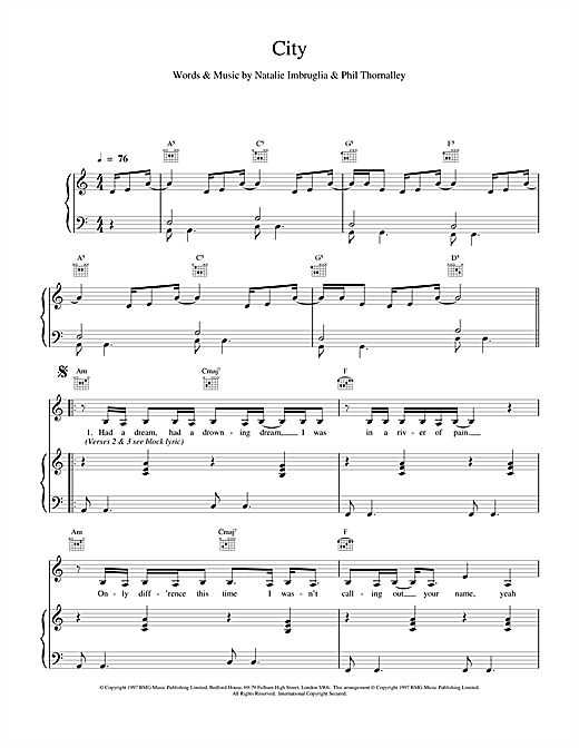 Learn to play Natalie Imbruglia City sheet music for Piano, Vocal & Guitar in minutes. Natalie Imbruglia City sheet music notes and chords. Download Printable PDF.