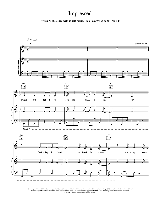 Learn to play Natalie Imbruglia Impressed sheet music for Piano, Vocal & Guitar (Right-Hand Melody) in minutes. Natalie Imbruglia Impressed sheet music notes and chords. Download Printable PDF.