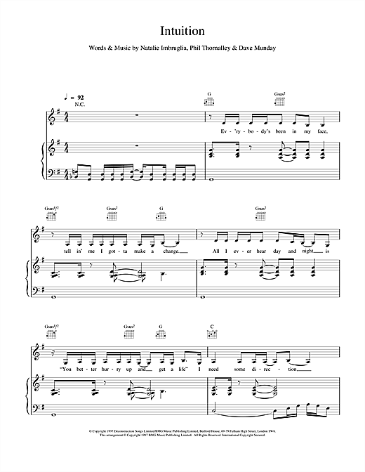 Learn to play Natalie Imbruglia Intuition sheet music for Piano, Vocal & Guitar in minutes. Natalie Imbruglia Intuition sheet music notes and chords. Download Printable PDF.