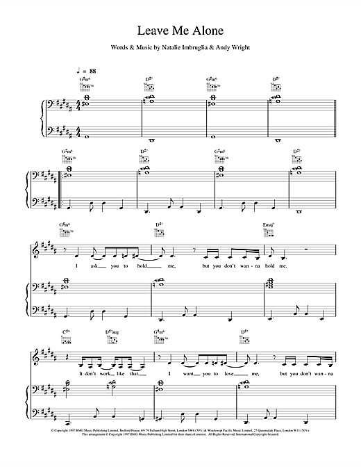 Learn to play Natalie Imbruglia Leave Me Alone sheet music for Piano, Vocal & Guitar in minutes. Natalie Imbruglia Leave Me Alone sheet music notes and chords. Download Printable PDF.