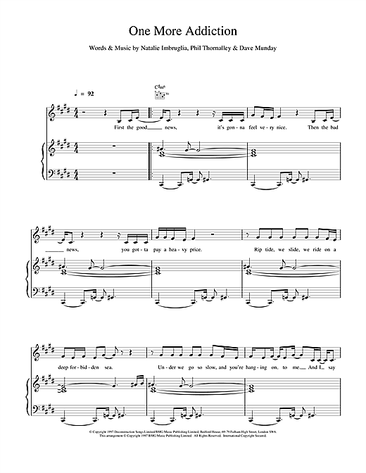 Learn to play Natalie Imbruglia One More Addiction sheet music for Piano, Vocal & Guitar in minutes. Natalie Imbruglia One More Addiction sheet music notes and chords. Download Printable PDF.