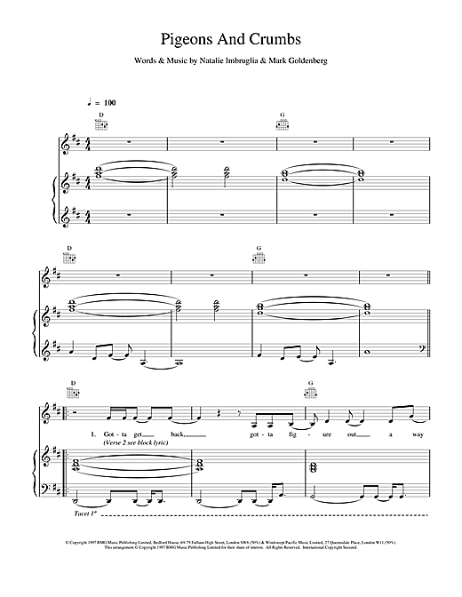 Learn to play Natalie Imbruglia Pigeons And Crumbs sheet music for Piano, Vocal & Guitar in minutes. Natalie Imbruglia Pigeons And Crumbs sheet music notes and chords. Download Printable PDF.