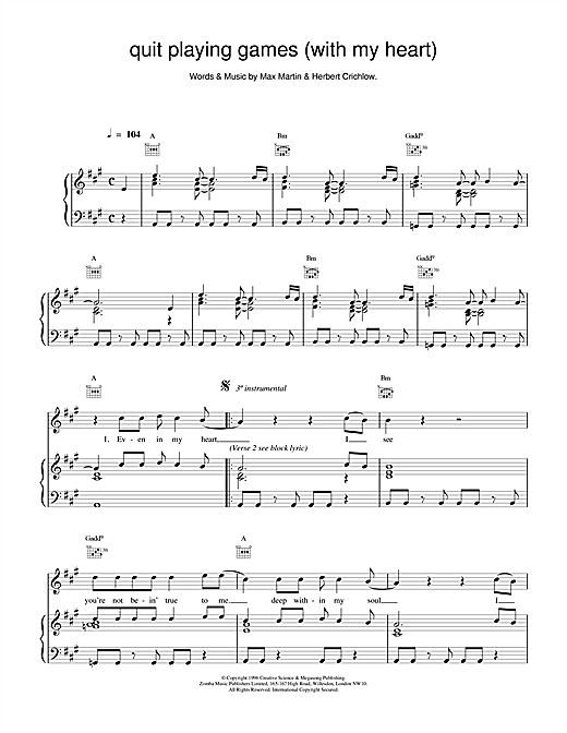 Learn to play Backstreet Boys Quit Playing Games (With My Heart) sheet music for Piano, Vocal & Guitar (Right-Hand Melody) in minutes. Backstreet Boys Quit Playing Games (With My Heart) sheet music notes and chords. Download Printable PDF.