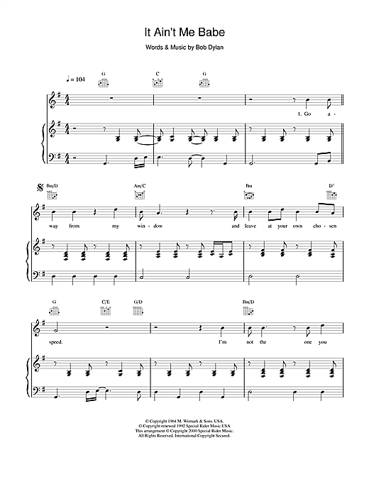 Learn to play Bob Dylan It Ain't Me Babe sheet music for Piano, Vocal & Guitar in minutes. Bob Dylan It Ain't Me Babe sheet music notes and chords. Download Printable PDF.