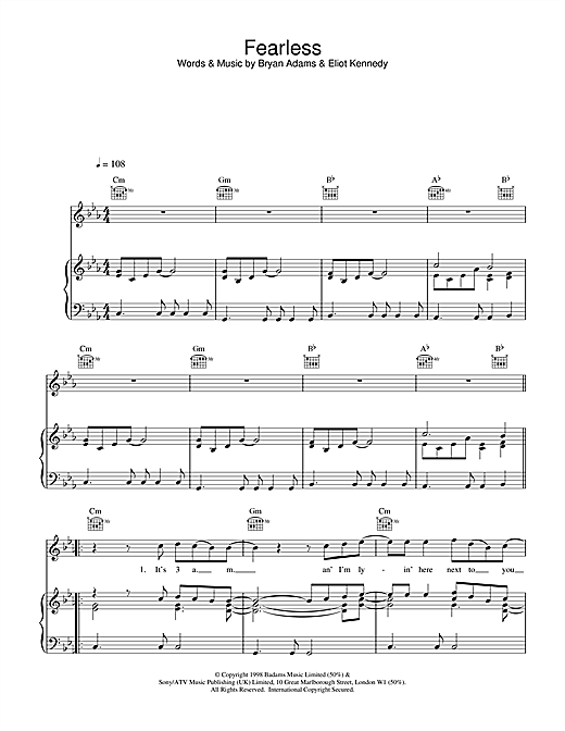 Learn to play Bryan Adams Fearless sheet music for Piano, Vocal & Guitar (Right-Hand Melody) in minutes. Bryan Adams Fearless sheet music notes and chords. Download Printable PDF.