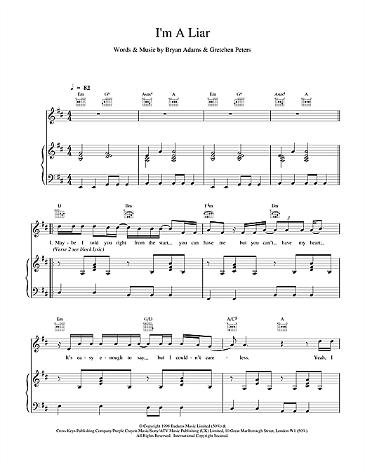 Learn to play Bryan Adams I'm A Liar sheet music for Piano, Vocal & Guitar in minutes. Bryan Adams I'm A Liar sheet music notes and chords. Download Printable PDF.