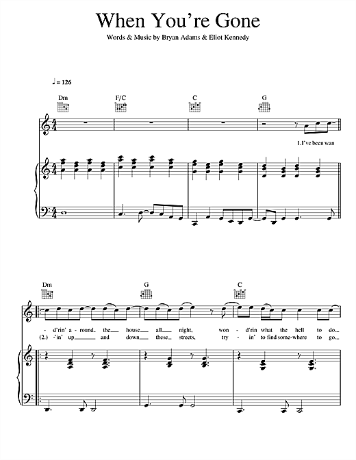Learn to play Bryan Adams and Melanie C When You're Gone sheet music for Piano, Vocal & Guitar in minutes. Bryan Adams and Melanie C When You're Gone sheet music notes and chords. Download Printable PDF.