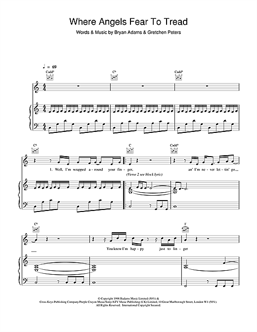 Learn to play Bryan Adams Where Angels Fear To Tread sheet music for Piano, Vocal & Guitar in minutes. Bryan Adams Where Angels Fear To Tread sheet music notes and chords. Download Printable PDF.