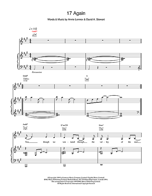 Learn to play Eurythmics 17 Again sheet music for Piano, Vocal & Guitar in minutes. Eurythmics 17 Again sheet music notes and chords. Download Printable PDF.