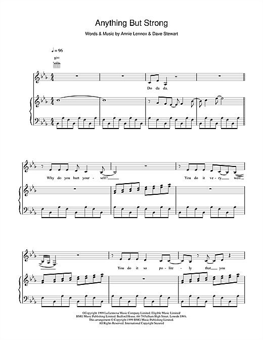Learn to play Eurythmics Anything But Strong sheet music for Piano, Vocal & Guitar in minutes. Eurythmics Anything But Strong sheet music notes and chords. Download Printable PDF.