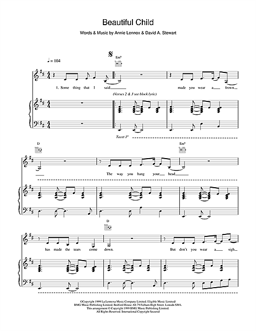 Learn to play Eurythmics Beautiful Child sheet music for Piano, Vocal & Guitar in minutes. Eurythmics Beautiful Child sheet music notes and chords. Download Printable PDF.