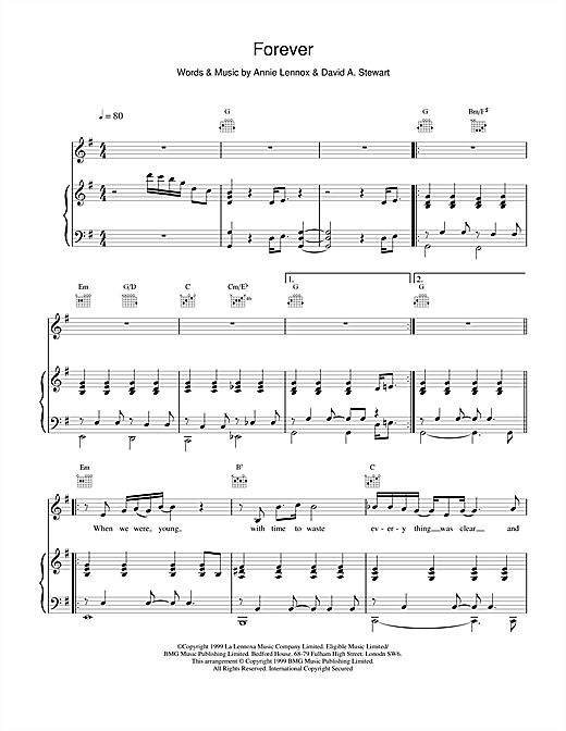 Learn to play Eurythmics Forever sheet music for Piano, Vocal & Guitar in minutes. Eurythmics Forever sheet music notes and chords. Download Printable PDF.