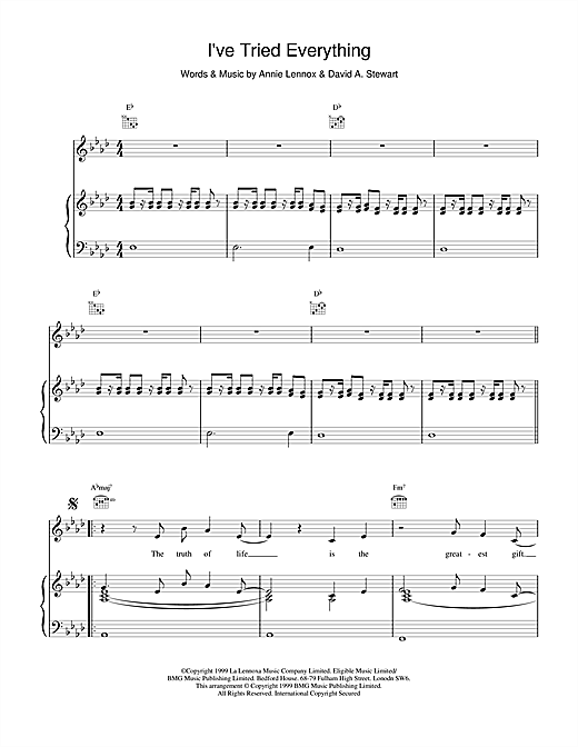 Learn to play Eurythmics I've Tried Everything sheet music for Piano, Vocal & Guitar in minutes. Eurythmics I've Tried Everything sheet music notes and chords. Download Printable PDF.