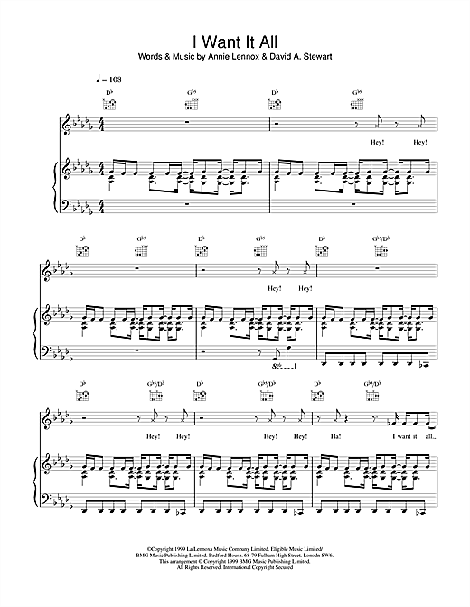 Learn to play Eurythmics I Want It All sheet music for Piano, Vocal & Guitar in minutes. Eurythmics I Want It All sheet music notes and chords. Download Printable PDF.