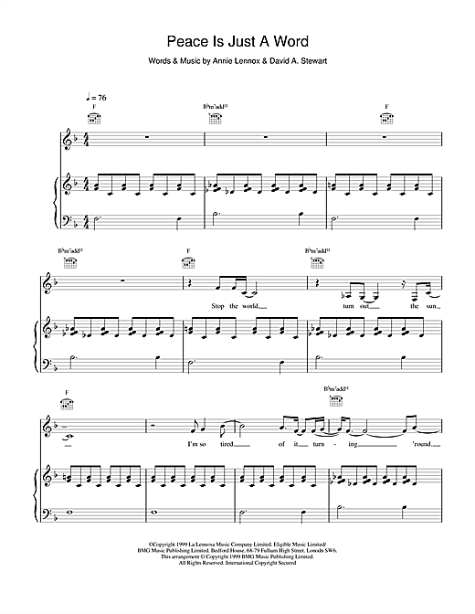 Learn to play Eurythmics Peace Is Just A Word sheet music for Piano, Vocal & Guitar in minutes. Eurythmics Peace Is Just A Word sheet music notes and chords. Download Printable PDF.