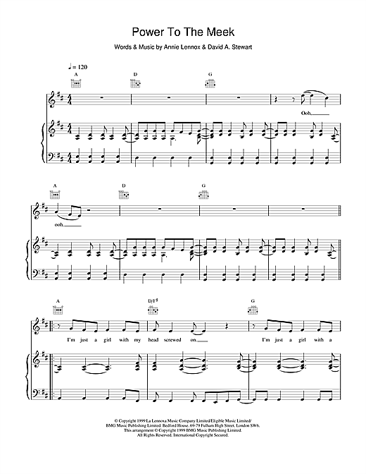 Learn to play Eurythmics Power To The Meek sheet music for Piano, Vocal & Guitar in minutes. Eurythmics Power To The Meek sheet music notes and chords. Download Printable PDF.