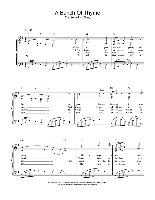Learn to play Traditional Irish Song A Bunch Of Thyme sheet music for Piano, Vocal & Guitar (Right-Hand Melody) in minutes. Traditional Irish Song A Bunch Of Thyme sheet music notes and chords. Download Printable PDF.
