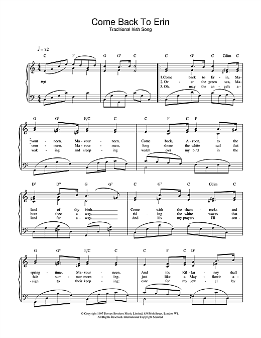Learn to play Traditional Irish Song Come Back To Erin sheet music for Piano, Vocal & Guitar (Right-Hand Melody) in minutes. Traditional Irish Song Come Back To Erin sheet music notes and chords. Download Printable PDF.