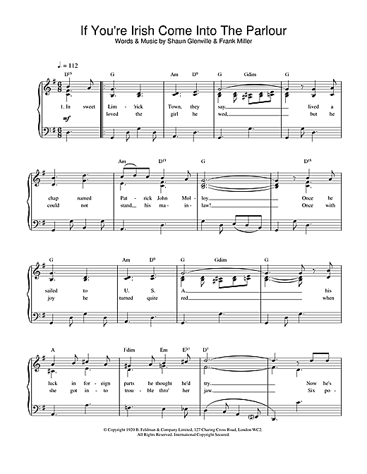 Learn to play Shaun Glenville If You're Irish Come Into The Parlour sheet music for Piano, Vocal & Guitar (Right-Hand Melody) in minutes. Shaun Glenville If You're Irish Come Into The Parlour sheet music notes and chords. Download Printable PDF.