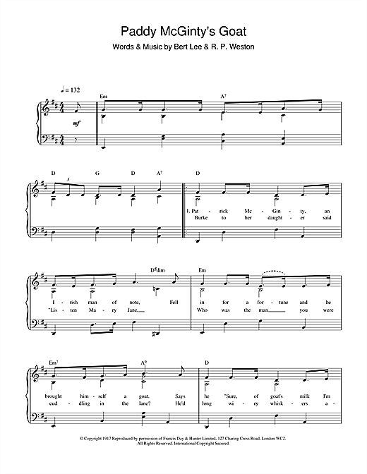 Learn to play Bert Lee Paddy McGinty's Goat sheet music for Piano, Vocal & Guitar (Right-Hand Melody) in minutes. Bert Lee Paddy McGinty's Goat sheet music notes and chords. Download Printable PDF.