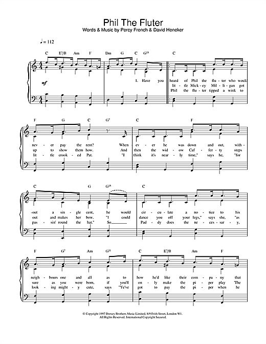 Learn to play Percy French Phil The Fluter sheet music for Piano, Vocal & Guitar (Right-Hand Melody) in minutes. Percy French Phil The Fluter sheet music notes and chords. Download Printable PDF.