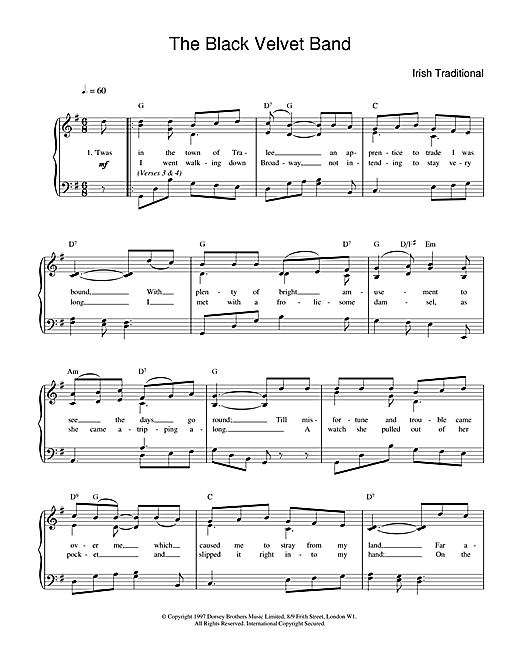Learn to play Irish Folksong The Black Velvet Band sheet music for Piano, Vocal & Guitar (Right-Hand Melody) in minutes. Irish Folksong The Black Velvet Band sheet music notes and chords. Download Printable PDF.