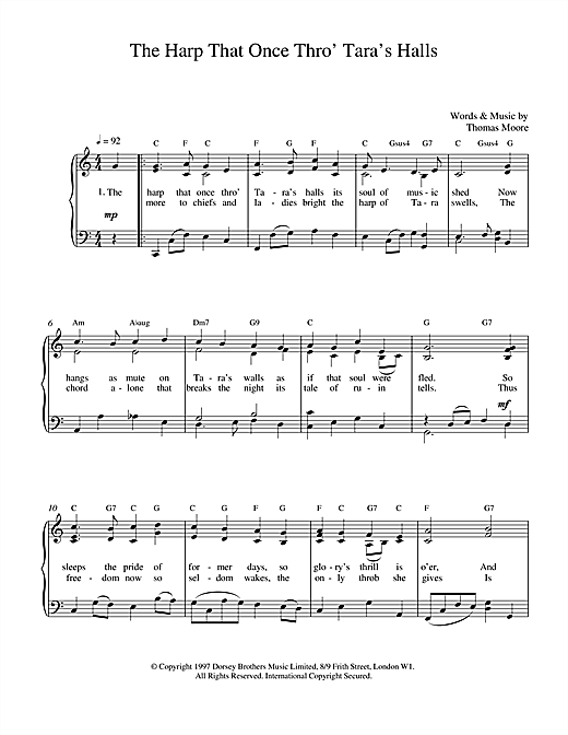 Learn to play Thomas Moore The Harp That Once Thro Tara's Halls sheet music for Piano, Vocal & Guitar (Right-Hand Melody) in minutes. Thomas Moore The Harp That Once Thro Tara's Halls sheet music notes and chords. Download Printable PDF.