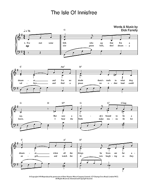 Learn to play Dick Farrelly The Isle Of Innisfree sheet music for Piano, Vocal & Guitar (Right-Hand Melody) in minutes. Dick Farrelly The Isle Of Innisfree sheet music notes and chords. Download Printable PDF.