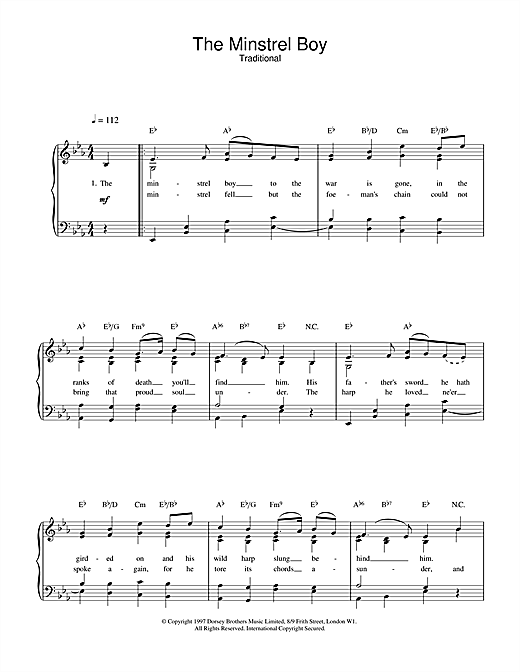 Learn to play Traditional The Minstrel Boy sheet music for Piano, Vocal & Guitar (Right-Hand Melody) in minutes. Traditional The Minstrel Boy sheet music notes and chords. Download Printable PDF.