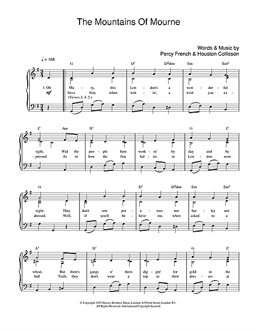 Learn to play Percy French The Mountains Of Mourne sheet music for Piano, Vocal & Guitar (Right-Hand Melody) in minutes. Percy French The Mountains Of Mourne sheet music notes and chords. Download Printable PDF.