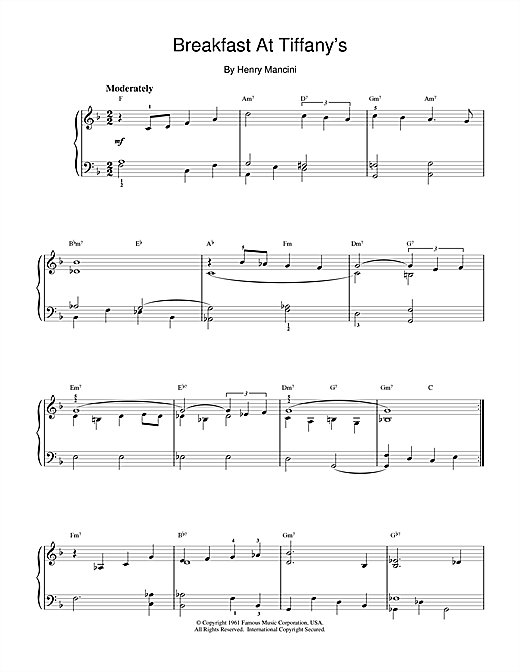 Learn to play Henry Mancini Breakfast At Tiffany's sheet music for Piano in minutes. Henry Mancini Breakfast At Tiffany's sheet music notes and chords. Download Printable PDF.