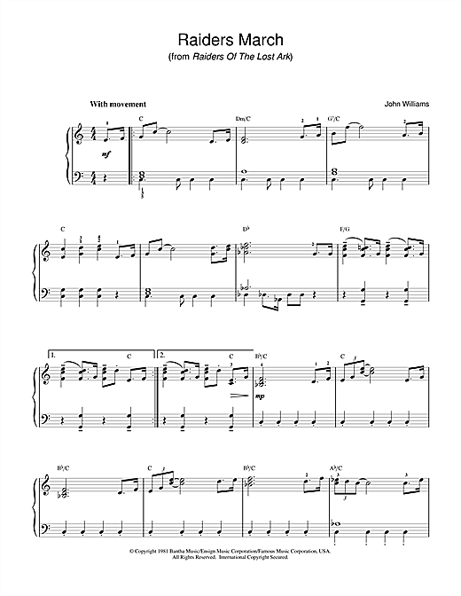 Learn to play John Williams Raiders March (from Raiders Of The Lost Ark) sheet music for Easy Piano in minutes. John Williams Raiders March (from Raiders Of The Lost Ark) sheet music notes and chords. Download Printable PDF.