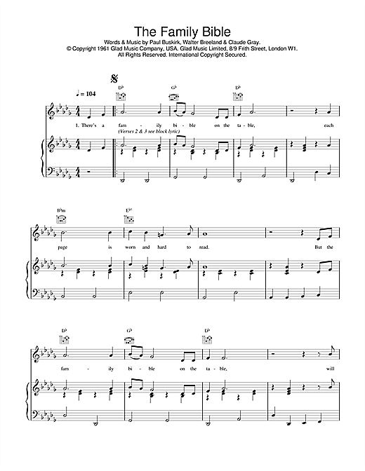 Learn to play Daniel O'Donnell The Family Bible sheet music for Piano, Vocal & Guitar (Right-Hand Melody) in minutes. Daniel O'Donnell The Family Bible sheet music notes and chords. Download Printable PDF.