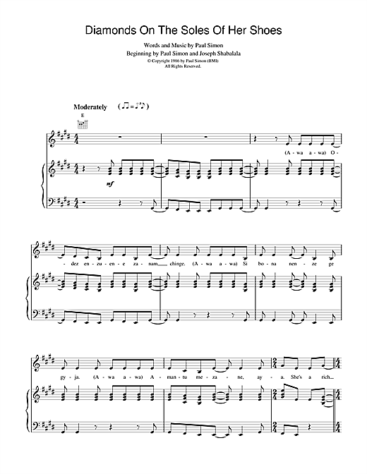 Learn to play Paul Simon Diamonds On The Soles Of Her Shoes sheet music for Piano, Vocal & Guitar (Right-Hand Melody) in minutes. Paul Simon Diamonds On The Soles Of Her Shoes sheet music notes and chords. Download Printable PDF.