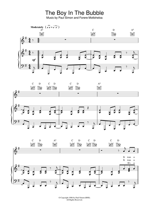 Learn to play Paul Simon The Boy In The Bubble sheet music for Piano, Vocal & Guitar (Right-Hand Melody) in minutes. Paul Simon The Boy In The Bubble sheet music notes and chords. Download Printable PDF.