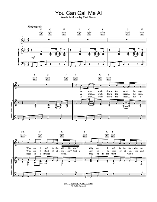 Learn to play Paul Simon You Can Call Me Al sheet music for Piano, Vocal & Guitar (Right-Hand Melody) in minutes. Paul Simon You Can Call Me Al sheet music notes and chords. Download Printable PDF.