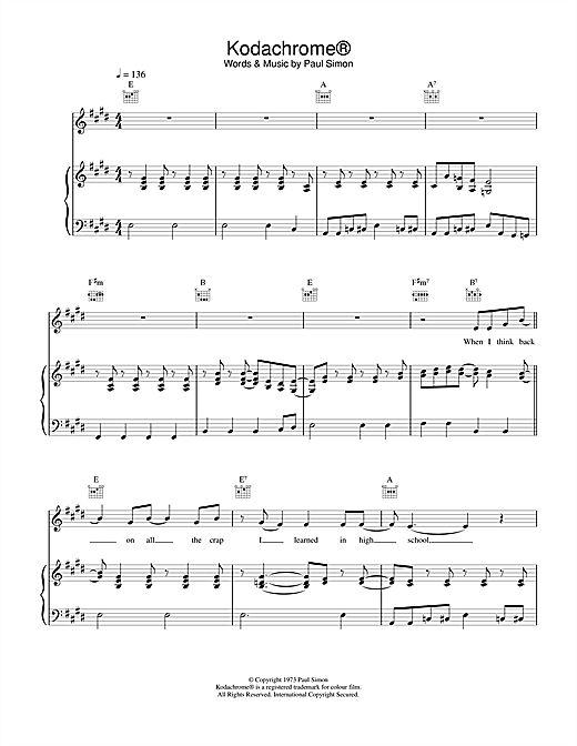 Learn to play Paul Simon Kodachrome® sheet music for Piano, Vocal & Guitar in minutes. Paul Simon Kodachrome® sheet music notes and chords. Download Printable PDF.
