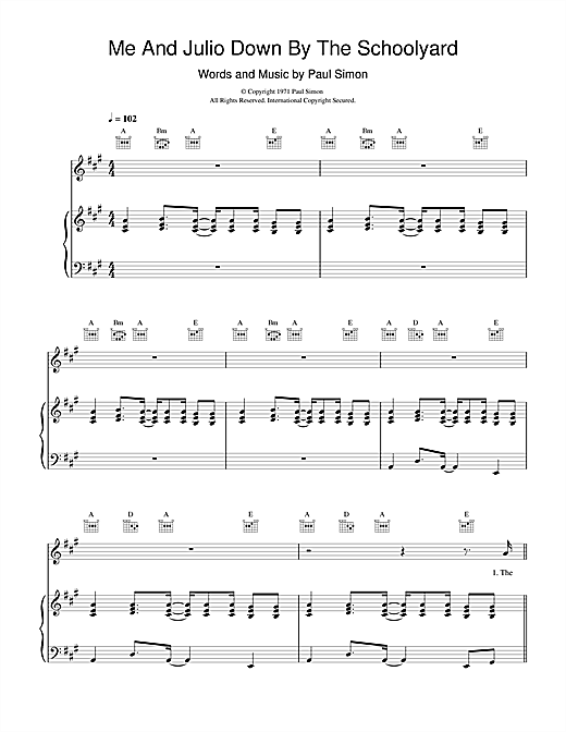 Learn to play Paul Simon Me And Julio Down By The Schoolyard sheet music for Piano, Vocal & Guitar in minutes. Paul Simon Me And Julio Down By The Schoolyard sheet music notes and chords. Download Printable PDF.