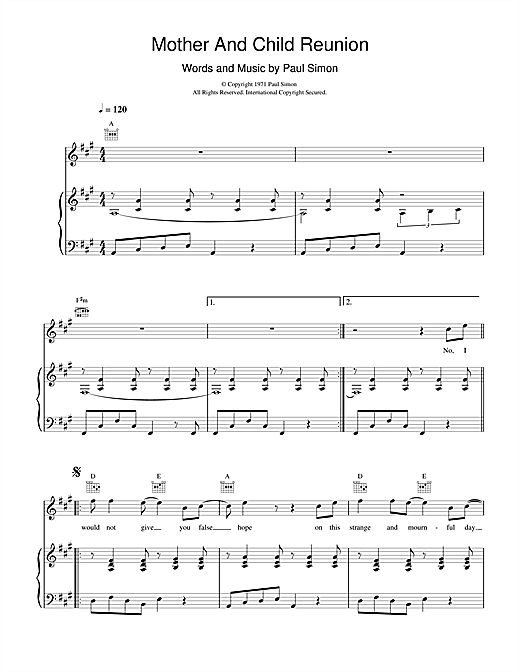 Learn to play Paul Simon Mother And Child Reunion sheet music for Piano, Vocal & Guitar in minutes. Paul Simon Mother And Child Reunion sheet music notes and chords. Download Printable PDF.