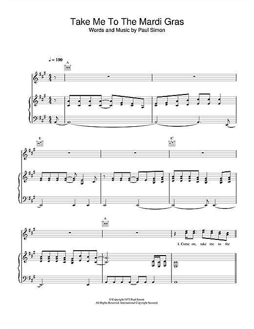 Learn to play Paul Simon Take Me To The Mardi Gras sheet music for Piano, Vocal & Guitar in minutes. Paul Simon Take Me To The Mardi Gras sheet music notes and chords. Download Printable PDF.