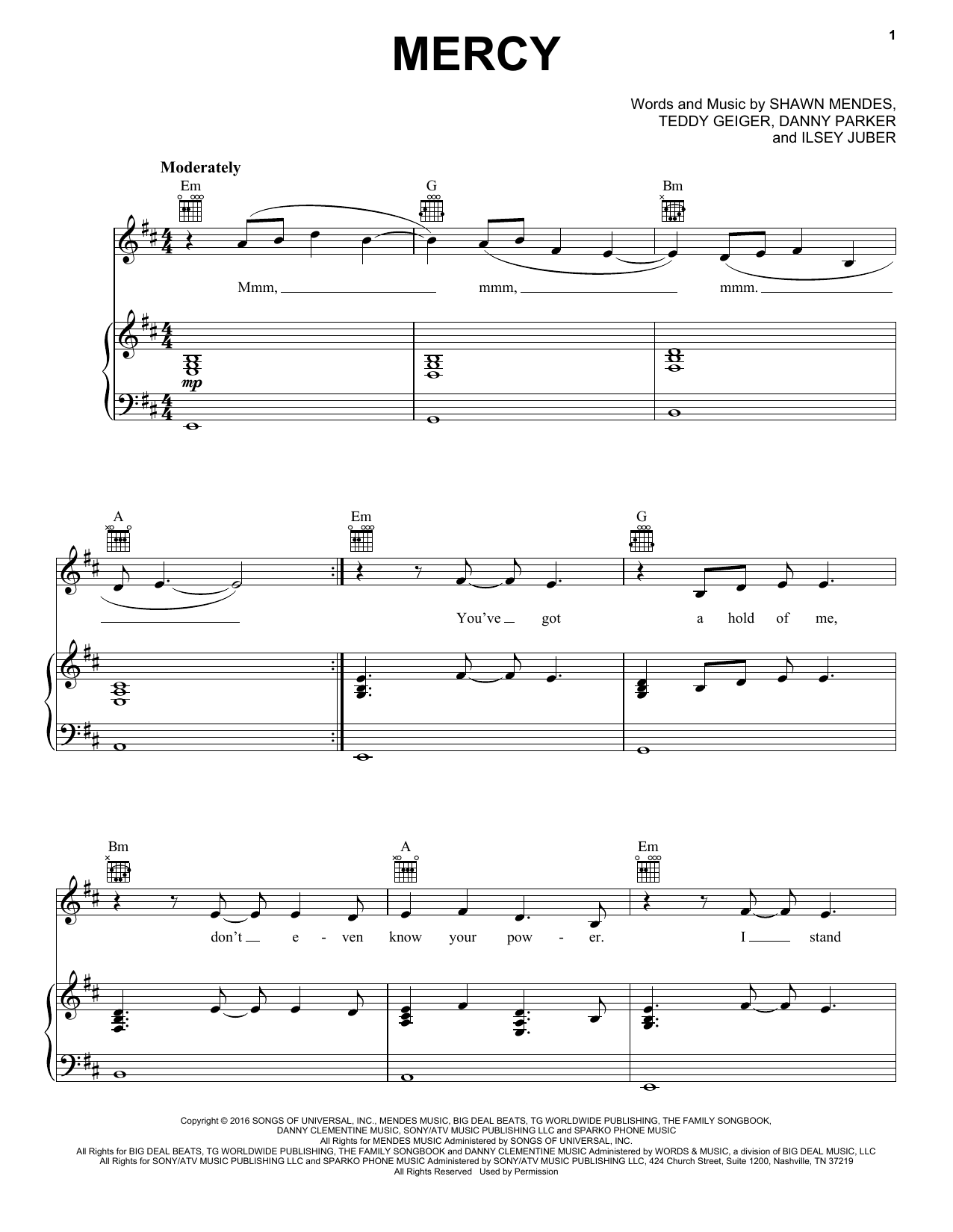 Shawn Mendes "Mercy" Sheet Music Notes, Chords | Piano, Vocal & Guitar