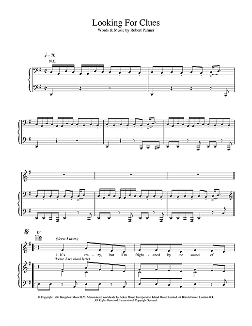 Learn to play Robert Palmer Looking For Clues sheet music for Piano, Vocal & Guitar (Right-Hand Melody) in minutes. Robert Palmer Looking For Clues sheet music notes and chords. Download Printable PDF.