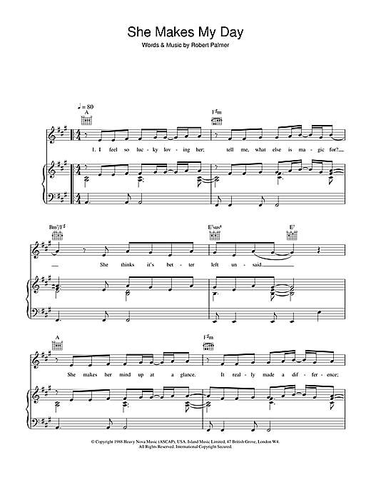 Learn to play Robert Palmer She Makes My Day sheet music for Piano, Vocal & Guitar (Right-Hand Melody) in minutes. Robert Palmer She Makes My Day sheet music notes and chords. Download Printable PDF.