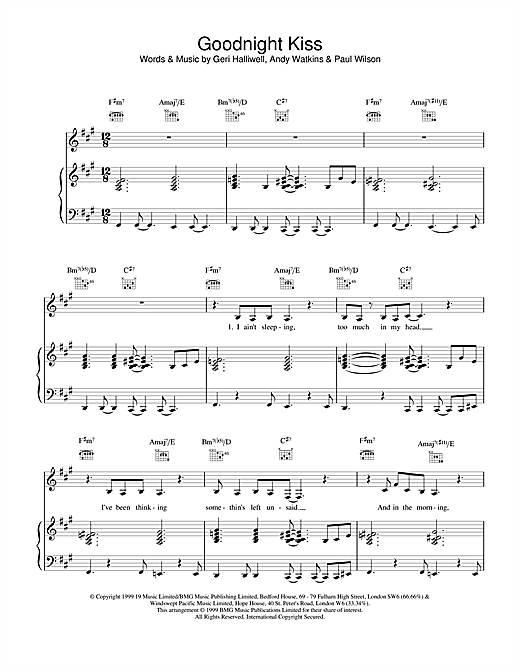 Learn to play Geri Halliwell Goodnight Kiss sheet music for Piano, Vocal & Guitar in minutes. Geri Halliwell Goodnight Kiss sheet music notes and chords. Download Printable PDF.