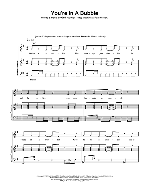 Learn to play Geri Halliwell You're In A Bubble sheet music for Piano, Vocal & Guitar in minutes. Geri Halliwell You're In A Bubble sheet music notes and chords. Download Printable PDF.